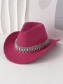 Primer plano de un sombrero vaquero de fieltro fucsia con flecos de pedrería brillante - M (56-58cm) / Rosa rojo