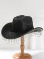 Detail eines schwarzen Pailletten-Cowboyhuts mit silbernen Strassfransen am Ständer - M (56-58cm) / Schwarz