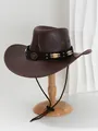 Detailansicht eines braunen PU-Leder-Cowboyhutes mit Metall-Stieremblem und Perlen - M (56-58cm) / Braunrot