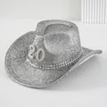 Silberner Glitzer Y2K Cowboyhut mit Perle 20 Accessoire und Nieten - M (56-58cm) / Silber