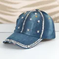 Berretto da baseball vintage in denim con borchie metalliche e teschi per uomo e donna - M (56-58cm) / Blu