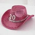 Pink glitzernder Y2K-Cowboyhut mit Perlen-Zahl 20 und Nietenband für Damen und Herren. - M (56-58cm) / Rosa