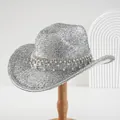Silver glitter cowboy hat with luxury pearl and rhinestone decorative band for parties - M (56-58cm) / Silver