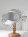 Close-up of silver glitter cowboy hat featuring elegant rhinestone tassel brim details - M (56-58cm) / Silver
