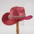 Sparkling metallic pink cowboy hat with elegant pearl rhinestone tassel trim band - M (56-58cm) / Pink