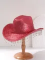 Detailed view of a vibrant pink sequined cowboy hat featuring shimmering rhinestone tassels - M (56-58cm) / Pink