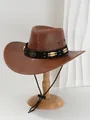Brauner Vintage-Cowboyhut aus PU-Leder mit dekorativen Perlen und Metall-Bullenemblem - M (56-58cm) / Khaki