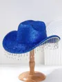 Detailansicht eines blauen Pailletten-Cowboyhuts mit funkelnden Strassfransen - M (56-58cm) / Saphirblau