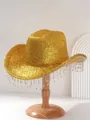 Detailed shot of a gold sequin western cowboy hat featuring shimmering rhinestone tassels. - M (56-58cm) / Gold