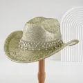 Elegant gold metallic finish cowboy hat featuring luxurious rhinestone and pearl tassel trim - M (56-58cm) / Light gold