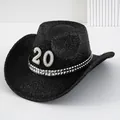 Schwarzer Y2K-Cowboyhut mit Glitzer, Perlen-Zahl 20 und Nietenband-Verzierung. - M (56-58cm) / Schwarz