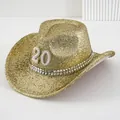 Goldener Glitzer Y2K Cowboyhut mit Perlen 20 Dekor und silbernen Nieten - M (56-58cm) / Hellgold
