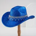 Luxury sparkly blue cowboy hat featuring elegant rhinestone and pearl fringe detailing - M (56-58cm) / Sapphire Blue