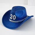 Funkelnder blauer Y2K-Pailletten-Cowboyhut mit Perlenzahl 20 und schickem Nietenband - M (56-58cm) / Saphirblau