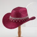Elegant fuchsia glitter cowboy hat with pearl and rhinestone fringe pendant for party - M (56-58cm) / Rose Red