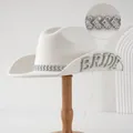 Cappello da cowboy bianco di lusso con perle scritta BRIDE e fascia di strass per sposa - M（56-58cm） / Stile Gemma a Forma di Cuore