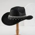 Black textured luxury hat with rhinestone trim and pearl fringe for wedding or party - M (56-58cm) / Black