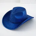 Shiny metallic blue cowboy hat with glitter finish and curved brim for party stage costumes - M (56-58cm) / Style (WH1) / Sapphire Blue