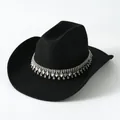 Sombrero vaquero de fieltro negro con flecos de pedrería y colgante de cristal - M (56-58cm) / Negro