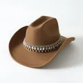 Elegante sombrero vaquero de fieltro marrón con flecos de pedrería muy brillante - M (56-58cm) / Camel