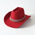 Cappello da cowboy in feltro rosso con catena a nappe di cristallo - M（56-58cm） / Rosso