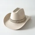 Elegante cappello da cowboy in feltro beige con catena a nappe in strass e cristallo - M（56-58cm） / Beige
