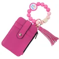 Fuchsia leather card holder wallet with silicone bead wristlet and teacher gift tag - Rose Red