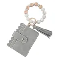 Grey PU leather card holder keychain with 'TEACH' beaded wristlet and tassel - Gray