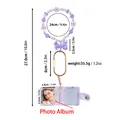Purple beaded bracelet keychain with mini photo album pendant and dimensions details - Purple