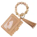 Brown PU leather wristlet keychain card holder with 'TEACH' letter beads and tassel - Coffee