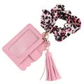 Stilvoller pinker PU-Leder-Ausweishalter-Schlüsselanhänger mit Leoparden-Scrunchie - Rosarotes Kartenhalter Armband Set / Fuchsia