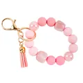 Pink silicone bead wristlet keychain with acrylic stones and decorative tassel charm - Pink