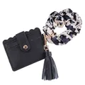 Schwarzer PU-Leder Kartenhalter mit Leoparden-Scrunchie und Quasten-Schlüsselanhänger Set. - Schwarzes Kartenhalter Armband Set / Schwarz