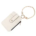 Elegant cream pebbled PU leather card holder featuring a gold chain strap and side zipper - White