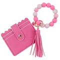 Stylish pink silicone beaded wristlet with a matching leather card holder and tassel keychain - Rose Red