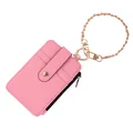 Premium pink PU leather card holder wallet with zipper pocket and metal chain wristlet - Pink