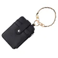 Elegant black PU leather ID card holder wallet featuring a golden metal wristlet chain - Black