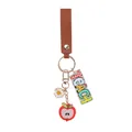 Teacher appreciation keychain with brown PU leather strap apple and daisy charms - Red Apple (K-2822)