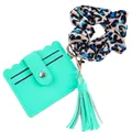 Türkiser PU-Leder Kartenhalter mit Quaste und blauem Leoparden-Haargummi Armband - Grünes Kartenhalter Armband Set / Grün