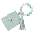 Mint green scalloped PU leather cardholder with a silicone beaded wristlet and tassel - Mint Green