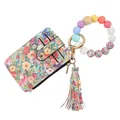 Porte-cartes à imprimé floral avec bracelet en perles de silicone colorées et gland - Style Vertical 01