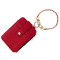 Premium red PU leather card holder wallet featuring a gold circular chain strap and zipper - Red