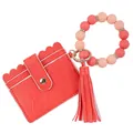 Pink silicone beaded wristlet with matching tassel and leatherette card holder - Orange