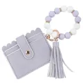 Purple silicone beaded wristlet keychain with a leather tassel and matching card holder - Light Purple