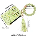 Floral leather card holder with silicone bead wristlet and tassel keychain set for women - Green