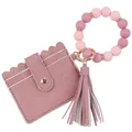 Pink silicone beaded wristlet keychain with faux leather card holder and tassel accessory - Dusty Pink