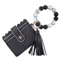 Black leather card holder keychain with silicone marble bead wristlet and tassel. - Black