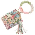 Porte-cartes à imprimé floral avec bracelet en perles de silicone et gland porte-clés - Style Horizontal Strass Rose Vert