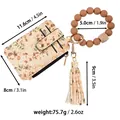 Floral print card holder wallet with brown silicone bead wristlet and tassel. - Coffee