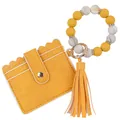 Yellow faux leather card holder with silicone beaded wristlet and elegant tassel keychain - Yellow